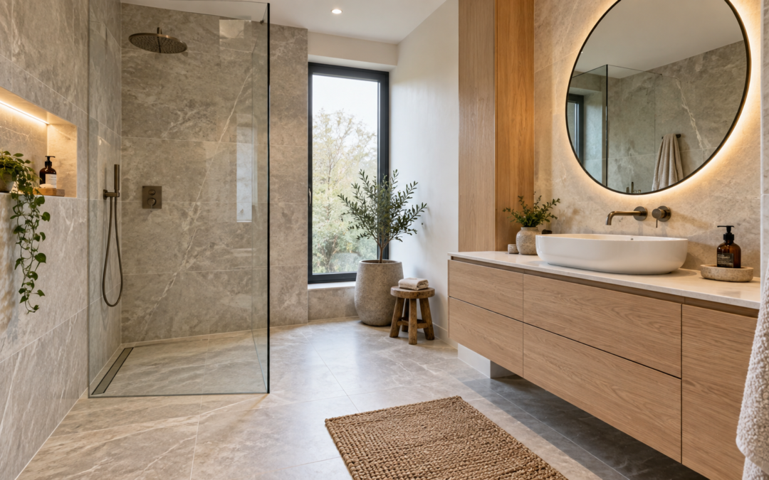 Salle de bain rénovée avec douche à l’italienne, niche éclairée et meuble vasque en bois